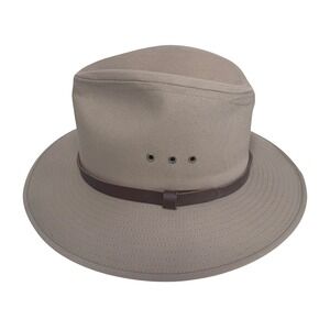 Goorin Bros Tan Cotton Safari Fedora Hat Leather Band USA Small Outback Indiana